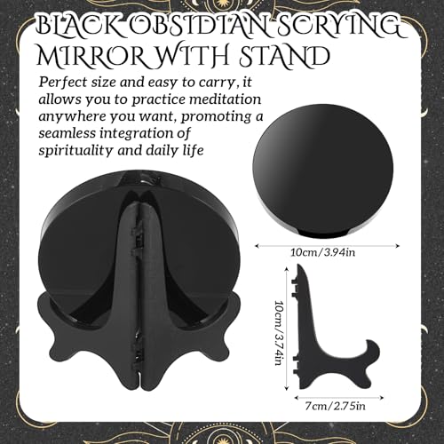 Kathfly 2 Pcs Obsidian Scrying Mirror 3.94 in with Wood Stand 3.94 in/10 Cm