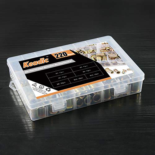Keadic metric zinc-plated carbon steel rivet nut assortment kit with flat head threaded inserts, 7 sizes