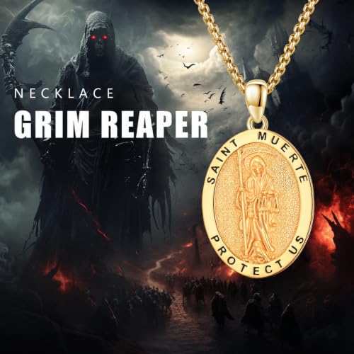 OHAYOO Santa Muerte Necklace for Men 925 Sterling Silver Grim Reaper Necklaces Santa Muerte Pendant Jewelry Gift for Women Gold Santa Muerte