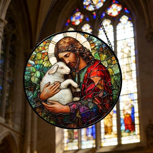 Jesus Little Lamb Stained Glass Window Hanging Suncatcher Easter Gifts 6.3" Red and White 6.3x6.3 IN