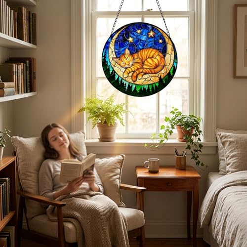 Stained Glass Suncatcher, Orange Sleeping Cat Moon Star Night Sky Catcher, 6-Inch Window Hanging Decor for Home Garden