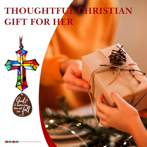 Christian Gifts for Women, Cross for Car Mirror Hanging, Daily Bible Verse Cross Ornament, Religious Gift for Women - Easter, Encouragement, Faith, “God is Within Her” Hanging Ornament God is Within Her
