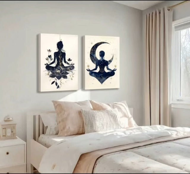 QGJQCFY 2Pcs Celestial Yoga Lotus Moon Canvas Wall Art 12"L x 16"W