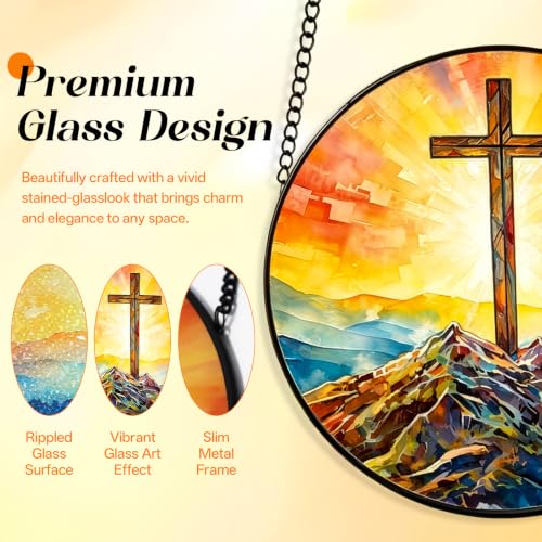 Cross Stained Glass Window Hanging, 7.87in Suncatcher Cross