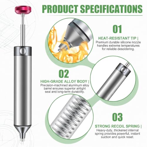 Heavy Duty All-Metal Desoldering Pump with 2 Heat Resistant Silicone Tips, Manual Desoldering Tool for PCB Electronics and Welding Repair
