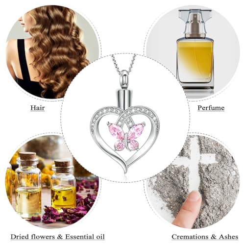 Oinsi Heart Cremation Jewelry Crystal Butterfly Urn Necklace for Ashes Stainless Steel Ash Necklace Memorial Keepsake Lokets for Ashes for Women Pink