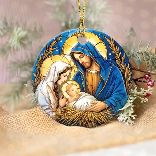 Nativity Night Ornaments Round Ceramic Stained Glass Style Birth of Jesus Christ Ornament Christmas Keepsake Decor for Christmas Tree Winter for Women Men Xmas Hanging Ornament 3" Nativity Night #H055