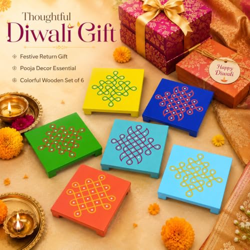 Kathfly 6 PCS Diwali Wooden Pooja Stand, 5 inch Puja Chowki Gifts Colorful Square