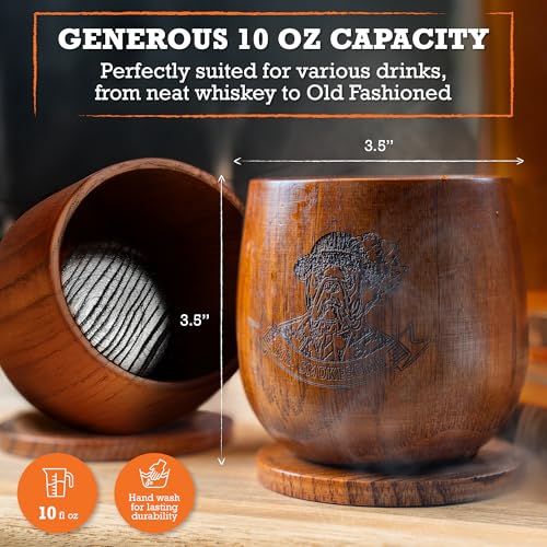 Wooden Bourbon Glass Set with Coasters | 10 fl oz Whiskey Glasses Set of 2 | Old Fashioned Glass in Gift Packaging | Whiskey Gifts for Men, Dad, or Brother | Home Bar Bourbon Gifts for Men 2 Pack