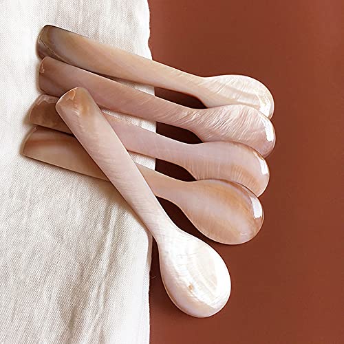 i-lan 8 Pack Pink Mother of Pearl Spoon Fork with Natural Patten,5 Inch Stunning MOP Caviar Spoon with Beautiful Shine, Finely Handmade Decorative Spoon Serving Set for Egg,Icecream,Desert,Moisturizer