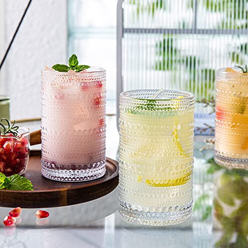 Hobnail Drinking Glasses Set of 4, Art Deco Vintage Glassware, 12 oz Tall Crystal Tumblers, Clear Embossed Glass Cups, Romantic Iced Beverage Glass, for Beer, Cocktail, Soda, Cappuccino