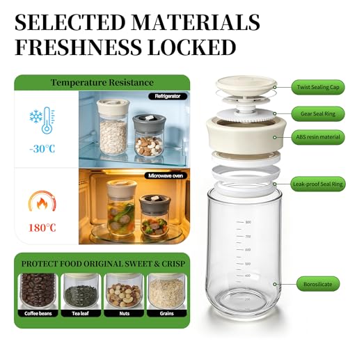 2 x 27oz Glass Airtight Coffee Container, Coffee Canister with Twist-Seal Beige + Gray