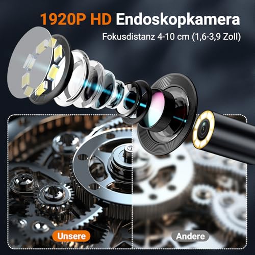 4.3 Inch IPS Endoscope Camera with Light 1080P HD - IP67 Waterproof Inspection Camera & Tube Camera with 8 LEDs, 5 m Semi-Rigid Probe for Car, Pipes, Household, No WiFi / App Required | Tube Camera with 8 LEDs, IP67 Waterproof Inspection Camera, Semi-R...