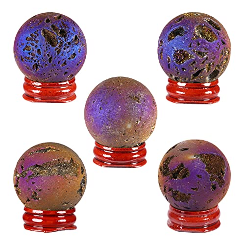 Angel Aura Quartz Druzy Geode Sphere with Wooden Base,Titanium Coated Crystal Quartz Agate Ball Healing Sculpture Statue for Easter Day, Gold-Purple