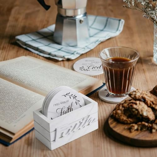 Hushee Christmas Wooden Coasters Set of 6 with Bible, White Marble