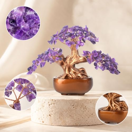 Amethyst Crystal Money Tree, Handmade Natural Amethyst Bonsai Tree, Healing Crystal Tree Decor with Copper Wire, Feng Shui Tree for Home Office Desk, Spiritual Gift for Women Men