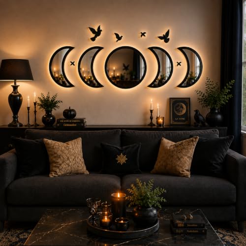 NESHE Moon Phase Mirror Wall Decor Set with Birds | Gothic Witchy Boho Wall Mirror Decor | Scandinavian Aesthetic Home Decor for Bedroom Living Room (Black) Black