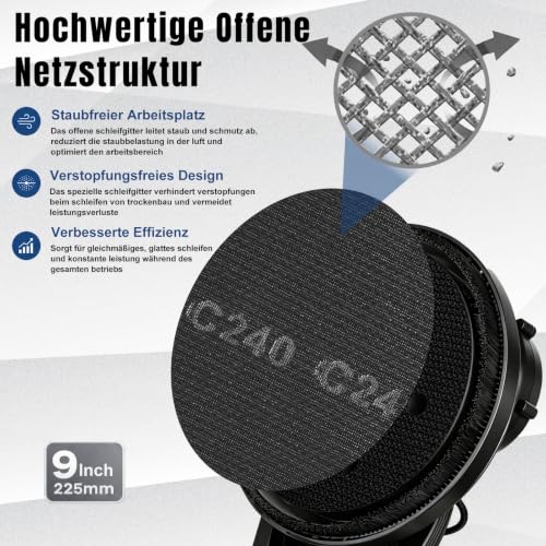 Sanding grid 225 mm, P120 sanding discs for drywall sanders | Pack of 10, dust-free anti-clogging design, thickened fastener, silicon carbide, drywall wood metal loops 120 grit