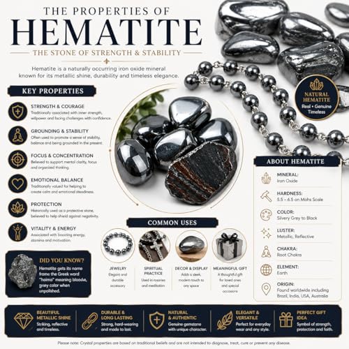 JRose Collections Hematite Gemstone Rosary Beads 6mm Catholic Prayer Necklace with Saint Benedict Medal and Crucifix, Black Polished Hematite Rosary Chain for Prayer Meditation and Devotional Use