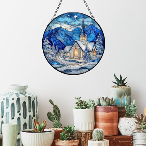 Christian Church Christmas Stained Glass Window Hanging Suncatchers, Religious Winter Sun Catchers Indoor Window Glass Wall Art Decor, Winter Wall Hanging Decorations Sculptures, 7.9x7.9in
