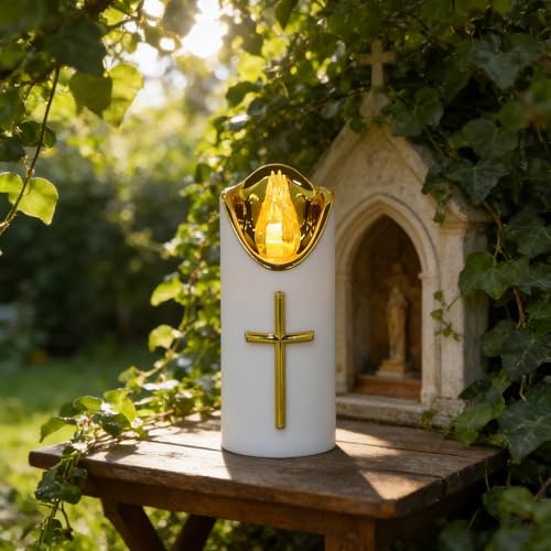 2pcs White Cross Church Prayer LED Flameless Candles for Cemetery Memorial Lights, Catholic Grave Lights for Devotion and Prayer, Religious Graveyard Candle Lamps