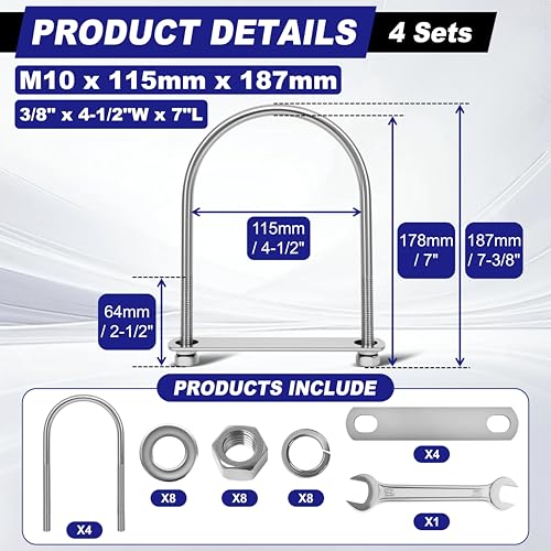 ZYUAROM M10 U-bolts, 3/8 inch x 4-1/2 inch wide x 7 inch long, 4-piece set