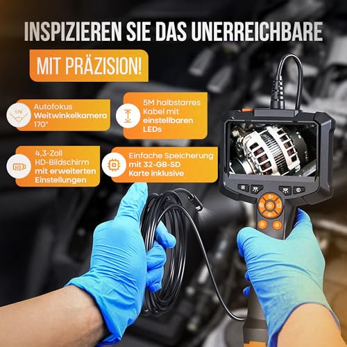 Valuefind Auto Focus Endoscope Wide Angle Camera 2MP 8 Adjustable LEDs Integrated 4.3 Inch HD Screen for Performing Your Industrial Inspections Home or Mechanics