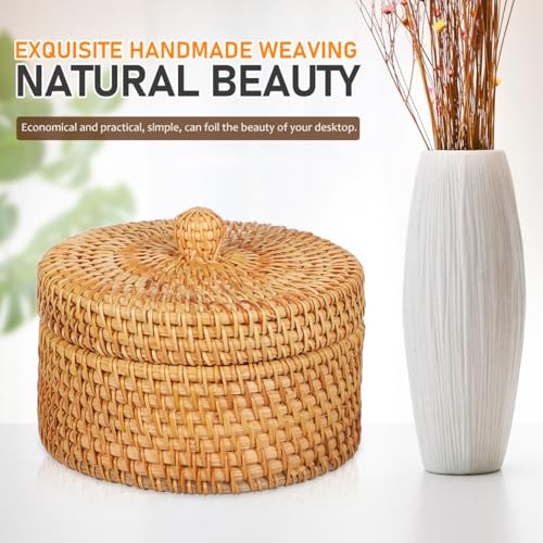 MAGICLULU Rattan Box with Lid Small Rattan Desktop Storage for Jewelry Snacks Bread and Sundries Woven Basket for Balcony Windowsill Dining Table Home Decor 5.59 X 5.51 X 3.07 in