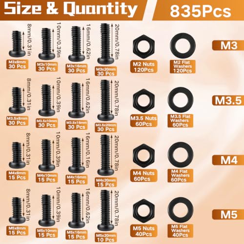 VAPKER metric pan head machine screw set with Phillips drive, carbon steel black oxide bolts, nuts and washers