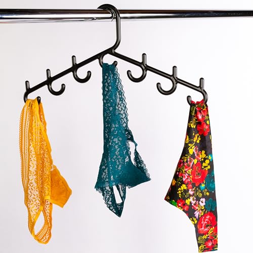 Made in USA Multi-Use Hanger for Bras, Lingerie, Hats & Scarves 5-Pack | Patented Closet Organizer | 7-Hook Space Saver for Underwear, Ties, Belts | No Clips, Lightweight Design Black