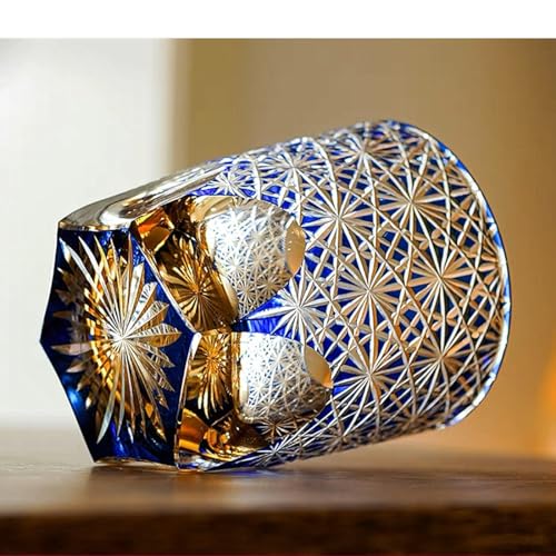 JEKE Edo style Color Hand Cut Crystal Glass Tumbler Whisky Gass 9 Oz Glassware with Luxury Gift Box,Cocktail-Vodka-Beer Drinkingware Glasses In Gift Carton (Blue) Blue
