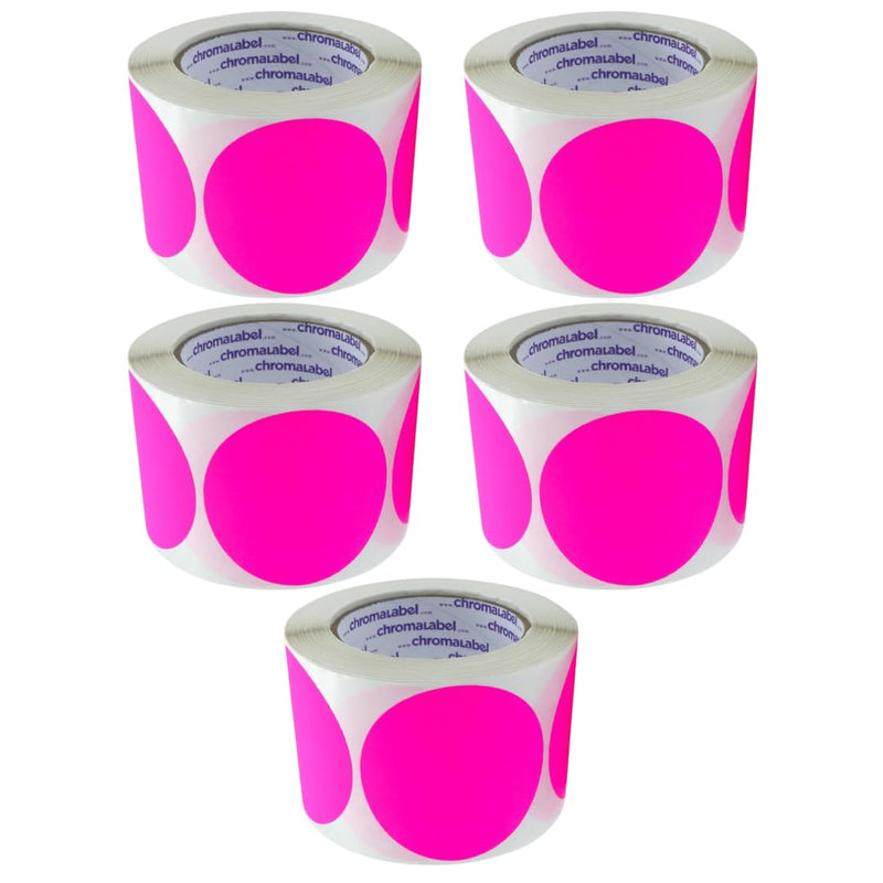 ChromaLabel 3 Inch Circle Sticker Labels, High Visibility Round Sticker Labels, Removable Sticky Dots - 500 Colored Dot Stickers per Roll, Fluorescent Pink Label Stickers - Case of 5 3" Pack of 5