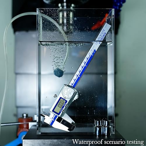Skysummr IP67 waterproof digital vernier caliper, stainless steel 6-inch 150mm tool with blue casing and large LCD display