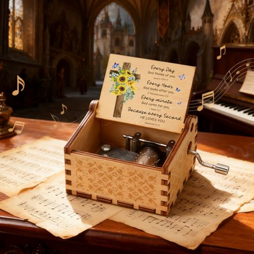 Christian Wooden Music Boxes Wood Musical Box Catholic Religious Spiritual Gifts Faith Based Birthday Christmas Valentines Day Gift Sunflower Gift for Christian Friend Bestie Sisters Gifts from Sister