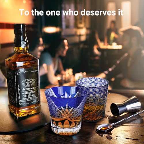 Japanese Whiskey Glass, Edo Tokyo Kiriko Style, Cobalt Blue Hand-Cut blue-022-01 1