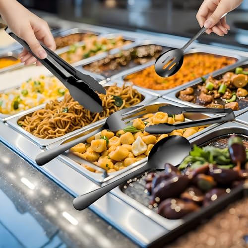 14PCS Serving Utensils - Hostess Serving Utensils Set, Premium Stainless Steel 8.7 inch Serving Utensils, Slotted Spoons, Forks, Tongs, Cake Pie Server for Buffet, Wedding, Dinner (Black) Black