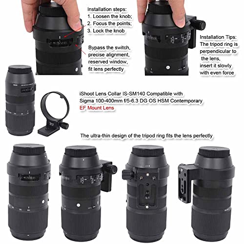 iShoot Tripod Mount Ring Lens Collar Compatible with Sigma 100-400mm f/5-6.3 DG OS HSM Contemporary (EF & F Mount Lens), Bottom is Arca-Swiss Fit Quick Release Plate for Arca Type Tripod Head Clamp