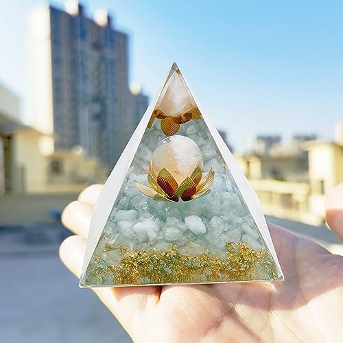 Moonstone Crystal Orgone Pyramid Ogan Crystal Energy Tower Nature Lotus White Crystal Reiki Chakra Crushed Stone Flower of Life Crystal Orgonite Healing Chakra Pyramid Gift for Friend Orchid