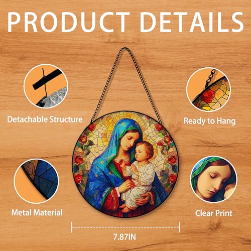 Virgin Mary Suncatcher Stained Glass Window Hanging, Religious Sun Catchers Indoor Window Glass Round Wall Decor, Spiritual Wall Art Hanging Decorations, 7.8＂x7.8＂ Virgin Mary