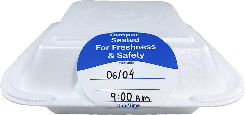 InStockLabels 500 Blue/White Circle Tamper-Evident Food Seal Stickers with Date and Time Section, Labels for Food Containers (3 Inches)