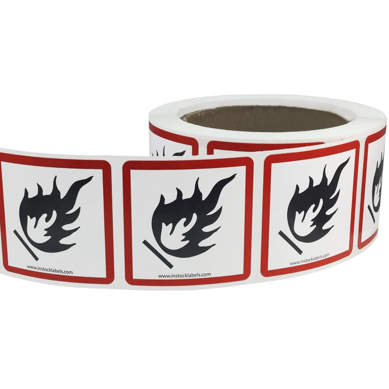 GHS Pictogram Labels Flame, 2 x 2 Inch Square Hazard Stickers, 500 Total Adhesive Labels on a Roll for Chemical Safety, GHS Compliance, and Workplace Labeling – Made in the USA