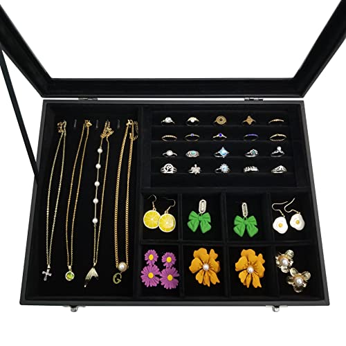 Clear Lid Jewelry Organizer Box for Women Wife Girlfriend Black-8 grids & 5 ring slots & 7 necklace hooks