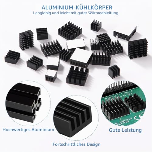 VooGenzek 20 Pieces Aluminum Heatsink Kit, Radiator Fin Heatsink, Heatsink, Cooler, with Heat-Conducting Special Adhesive Film, for Cooling Electronic Components, Black Black - Multiple Sizes - 20 Pieces