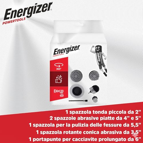 Energizer 6-Piece Drill Brush Attachment Set - Power Scrubber Cleaning Kit with 6" Extension Rod - Multi-Purpose Scrub Brushes for Bathroom, Shower, Tile, Grout & Car Cleaning, White