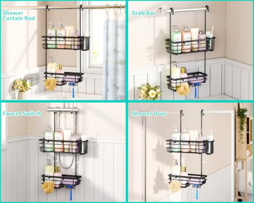 HapiRm Hanging Shower Caddy – For Renters & Small Bathrooms, Fits Shower Curtain Rods, No Drilling, 2 Rustproof 304 Shelves, 4 Hooks, and a Detachable Toothbrush Holder You Can Rinse - Black