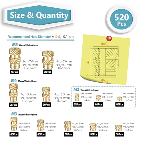 Kadrick M2-M5 heat set insert kit with 520 thread inserts for 3D printing