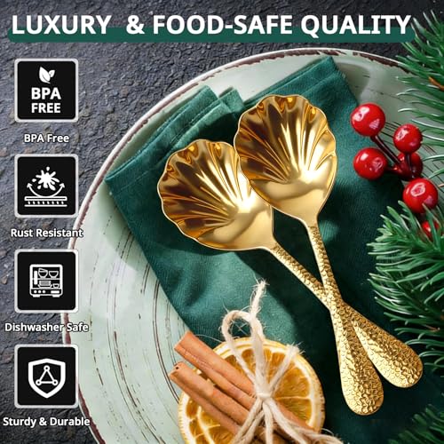 Serving Spoons 4Pack, 18/10 Stainless Steel Large Serving Spoons Set, Hammered Long Handle Serving Spoons for Buffet, Scalloped Design Serving Utensils for Kitchen Party Buffet Banquet (Gold) Gold