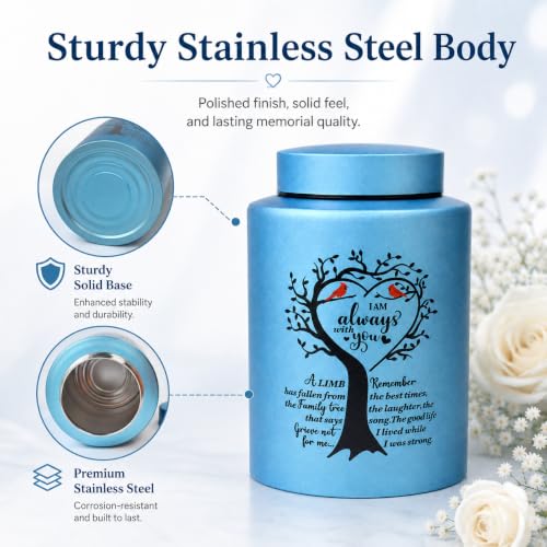 Medium Urns for Human Ashes Up to 140 lbs, 7.3 Inch Small Cremation Urn for Ashes Adult Female Male, Decorative Stainless Steel Funeral Memorial Sharing Urn with Two Cardinal Birds, Blue