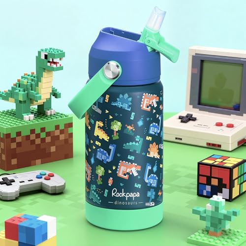 rockpapa 14oz Kids Insulated Water Bottle, 18/8 Stainless Steel Toddler Cup Unicorn+Dinosaur