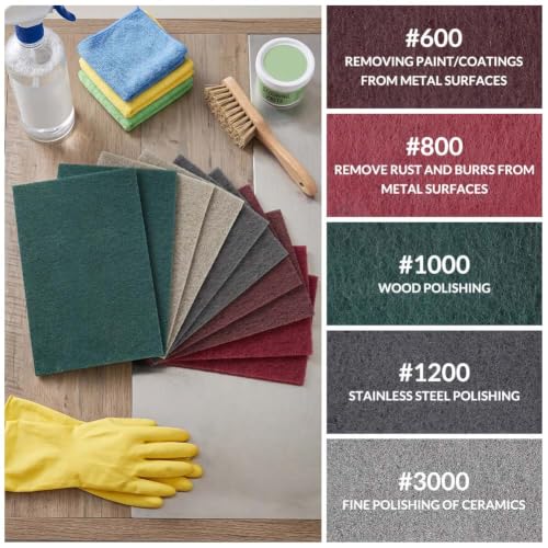 Sanding Fleece Pads 150 x 230 mm Set, Sanding Fleece Mat 5 Grit 600/800/1000/1500/3000, for Metal Wood Stainless Steel Sanding Polishing, Cleaning Fleece Pack of 10